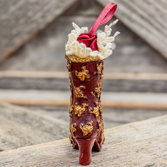 Vintage Old Victorian Style Lace/Satin Top Boot-Red and Gold-Christmas Ornament - Picture 3 of 7